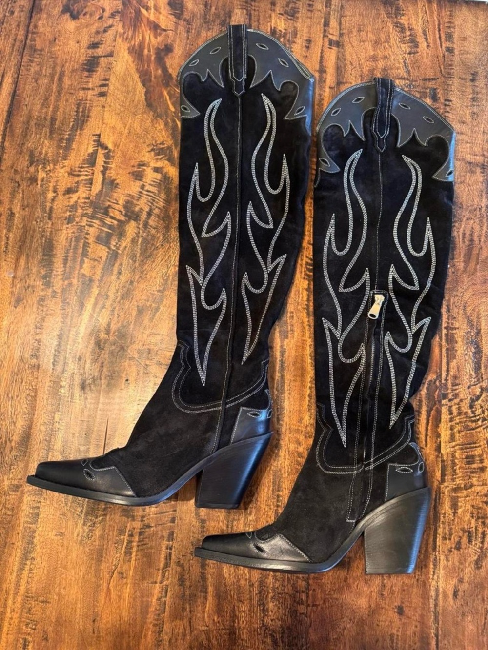 Free People Black Suede Over-the-Knee Western Boots